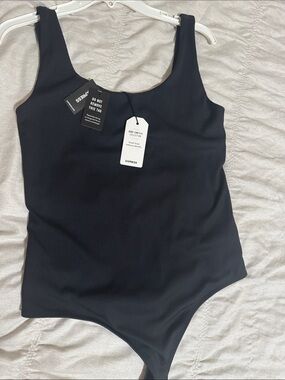 Express Black Ribbed Scoop-Neck Bodysuit, Body Contour Collection, Smooth Sculpt